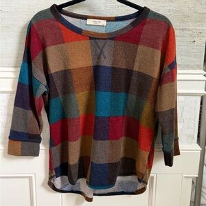 Medium Jessy b multicolored Colorful Buffalo Plaid Sweater check knit top 3/4